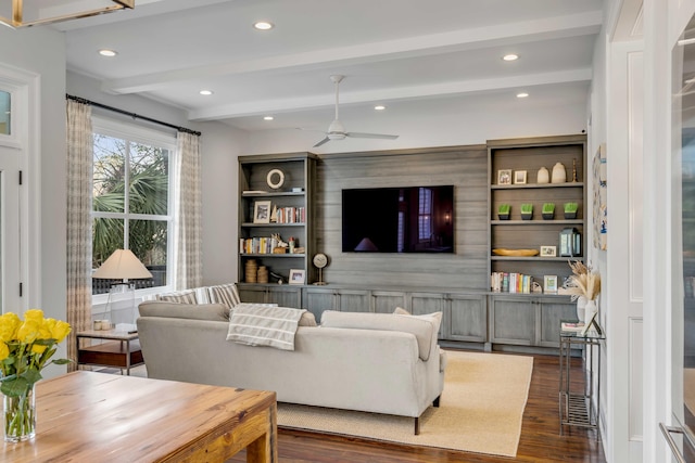 living room featuring a ceiling fan, beamed ceiling, recessed lighting, and dark wood-type flooring