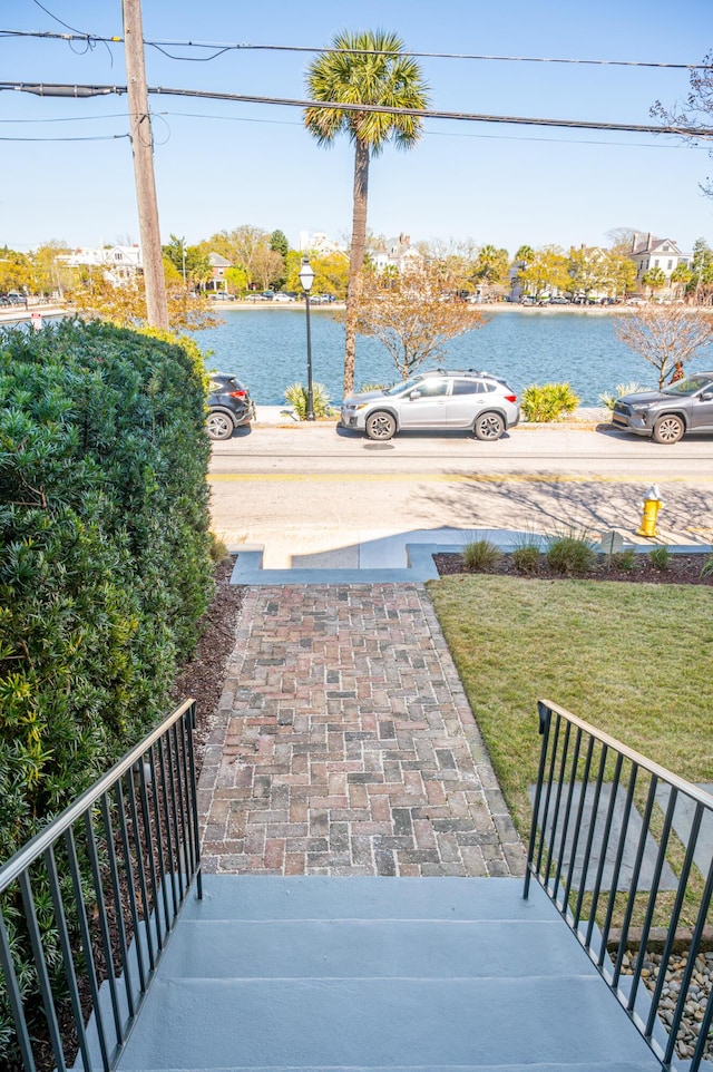 view of patio / terrace with a water view