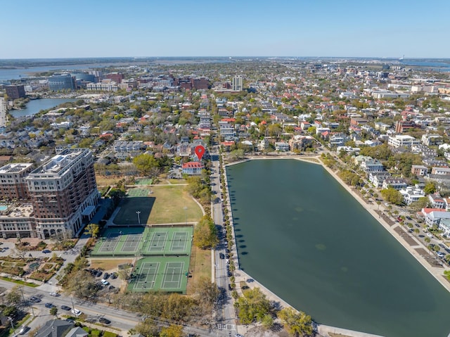 birds eye view of property featuring a water view