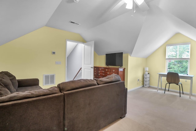 carpeted living room with lofted ceiling, ceiling fan, and baseboards