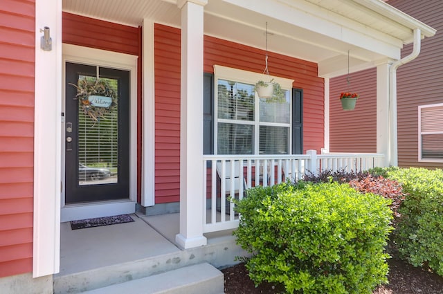 view of exterior entry with a porch