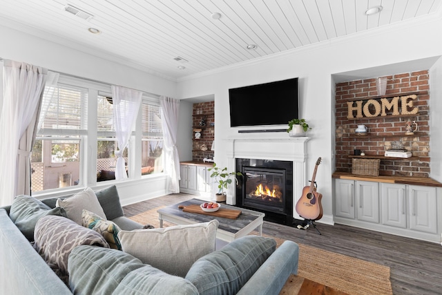 living room featuring wood ceiling, crown molding, and hardwood / wood-style flooring