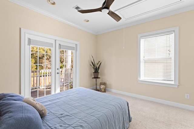 carpeted bedroom featuring crown molding, access to outside, french doors, and ceiling fan