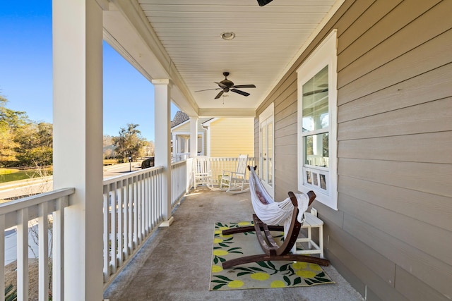 view of patio / terrace featuring ceiling fan and a porch