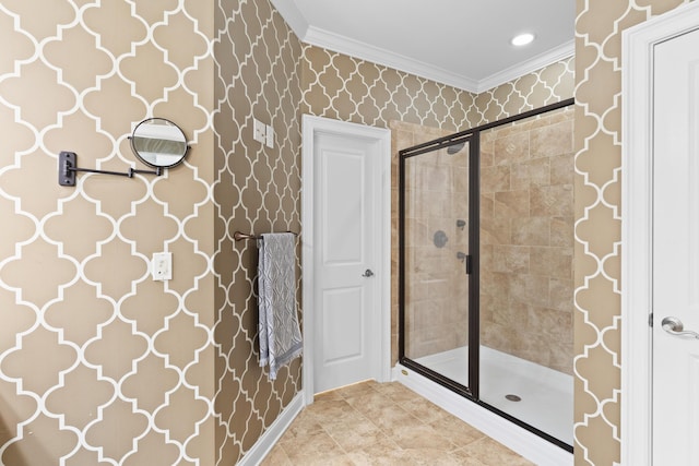 bathroom with crown molding, tile patterned floors, and an enclosed shower