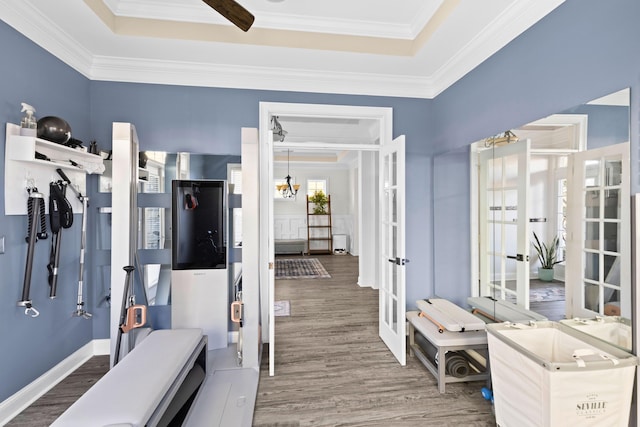 exercise area featuring hardwood / wood-style flooring, crown molding, a tray ceiling, and french doors