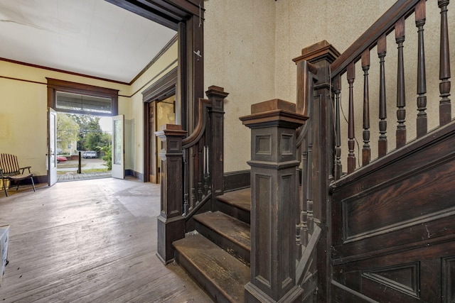 entrance foyer featuring hardwood / wood-style floors and ornamental molding