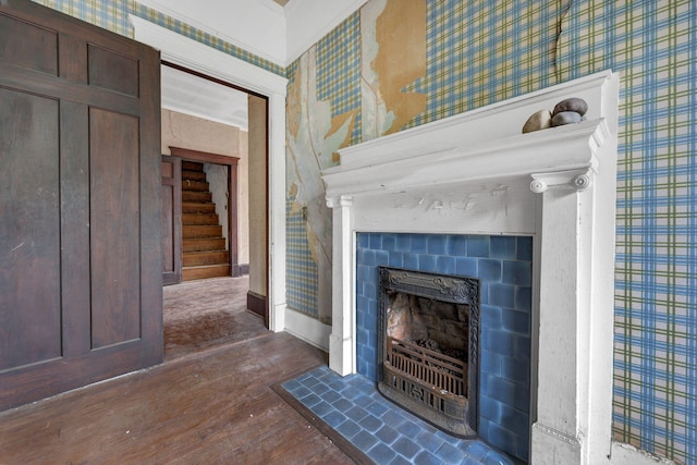 interior space featuring a tile fireplace