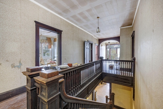 hall with plenty of natural light, light wood-type flooring, and crown molding