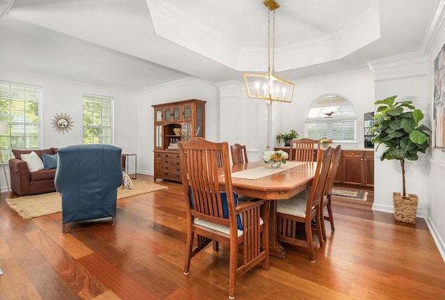 1977 Pierce St, Charleston, SC 29492 - dining room with a tray ceiling, crown molding, dark wood-style flooring, and a notable chandelier