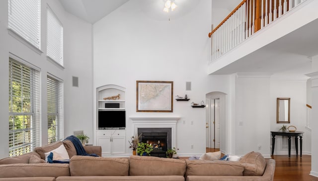 1977 Pierce St, Charleston, SC 29492 - living room featuring a warm lit fireplace, built in shelves, arched walkways, and a high ceiling