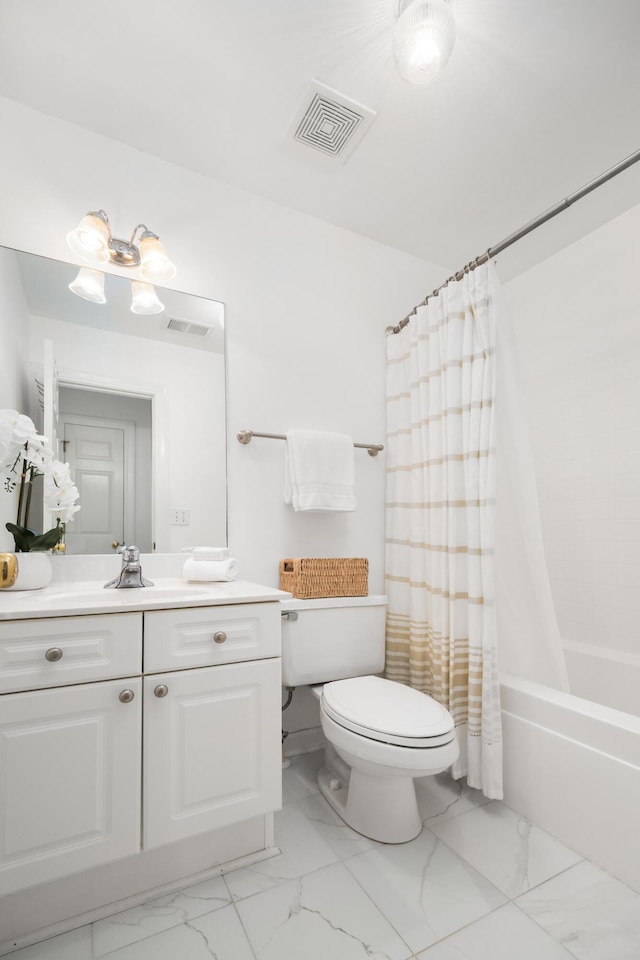 1977 Pierce St, Charleston, SC 29492 - bathroom with shower / bath combo, visible vents, toilet, vanity, and marble finish floor
