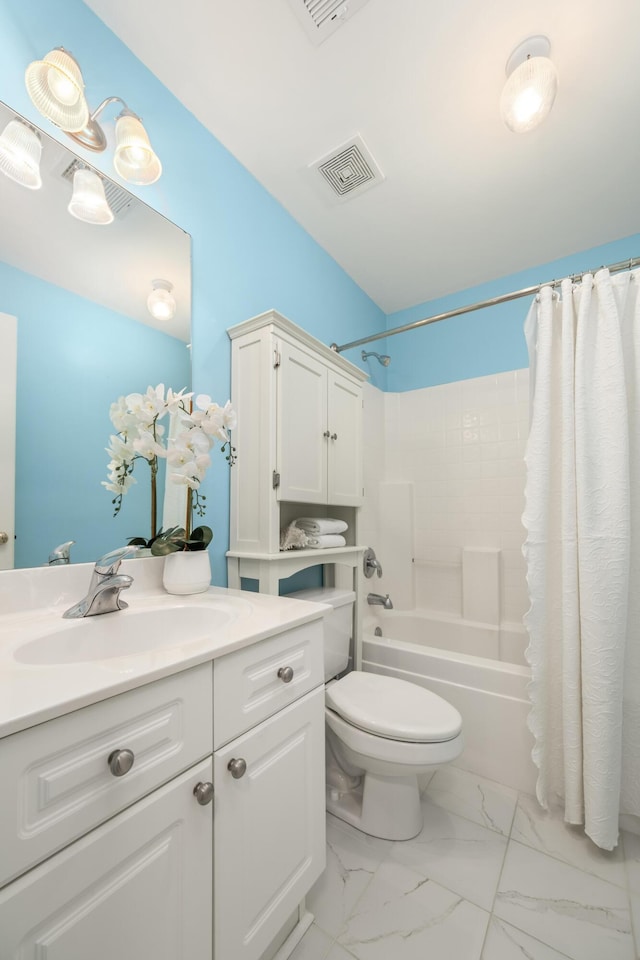 1977 Pierce St, Charleston, SC 29492 - full bathroom featuring shower / bathtub combination with curtain, vanity, visible vents, toilet, and marble finish floor