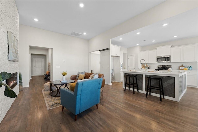 living room featuring sink, a fireplace, and dark hardwood / wood-style flooring