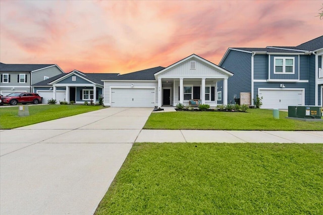 view of front of home with a porch, central AC, a garage, and a lawn