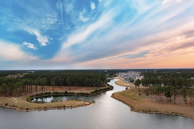 aerial view at dusk with a water view