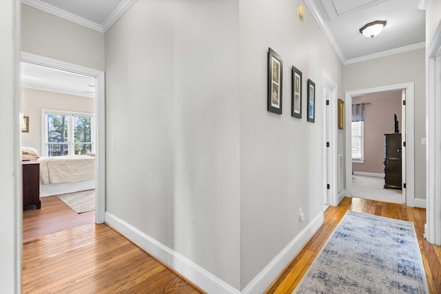 hall with crown molding and light hardwood / wood-style flooring