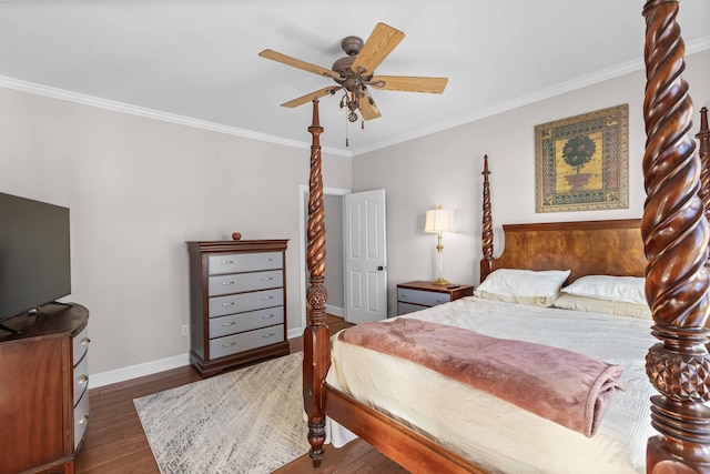 bedroom featuring ceiling fan, dark hardwood / wood-style flooring, and crown molding