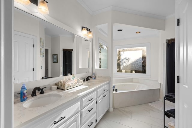 bathroom featuring a washtub, vanity, and ornamental molding