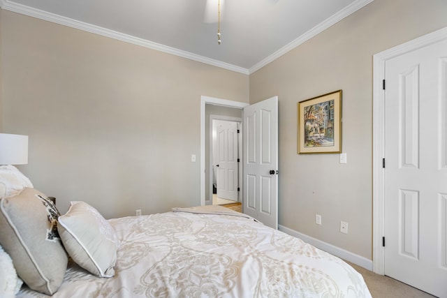 carpeted bedroom featuring ornamental molding