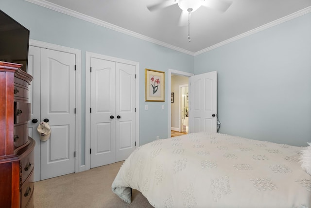 carpeted bedroom with crown molding, ceiling fan, and multiple closets