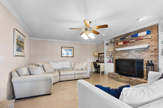 tiled living room featuring ceiling fan, a fireplace, and crown molding