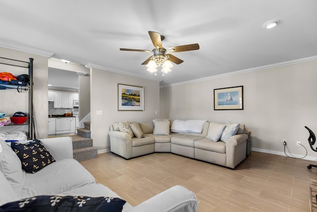 living room featuring crown molding and ceiling fan