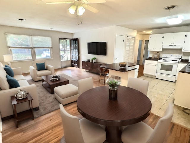 living room with ceiling fan and light hardwood / wood-style flooring