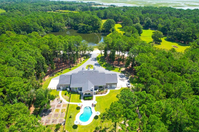 aerial view featuring a water view