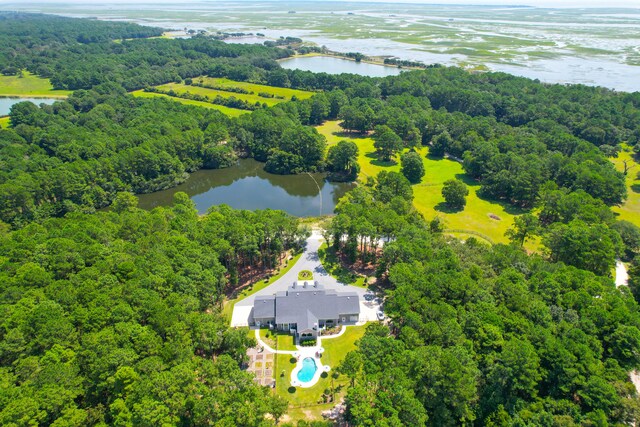 drone / aerial view with a water view