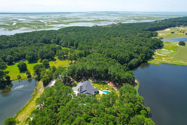 drone / aerial view featuring a water view