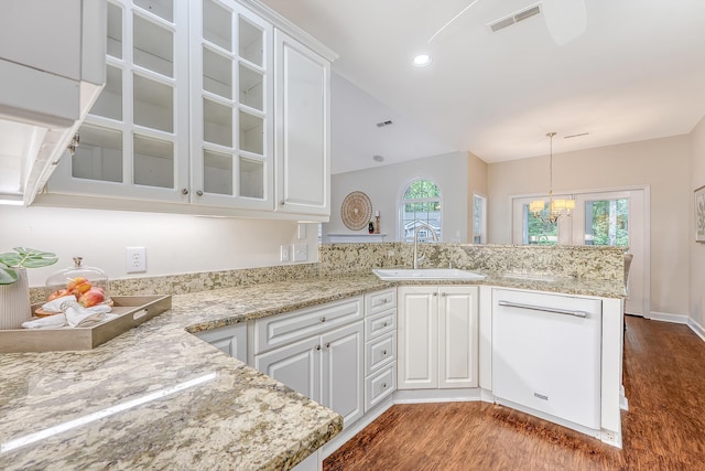 1148 Black Rush Cir, Mount Pleasant, SC 29466 - kitchen with a sink, dishwasher, dark wood finished floors, a peninsula, and a chandelier