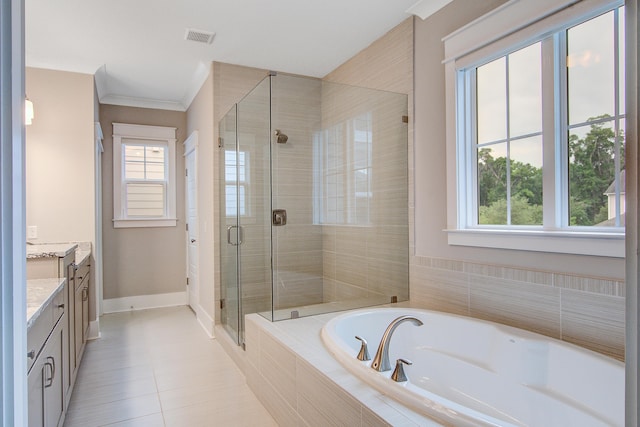1363 Rivella Dr, Mount Pleasant, SC 29464 - full bath with vanity, a garden tub, a stall shower, plenty of natural light, and ornamental molding