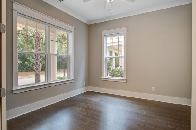 1363 Rivella Dr, Mount Pleasant, SC 29464 - spare room with plenty of natural light, crown molding, ceiling fan, and dark wood finished floors