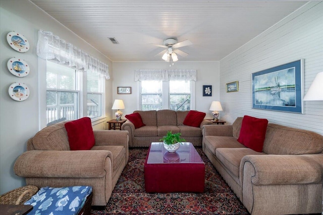 living room featuring ceiling fan