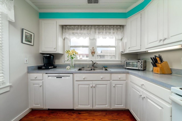 kitchen with white appliances, sink, dark hardwood / wood-style floors, and white cabinets