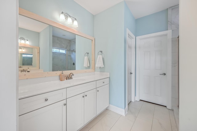 bathroom featuring vanity, tile patterned floors, and an enclosed shower