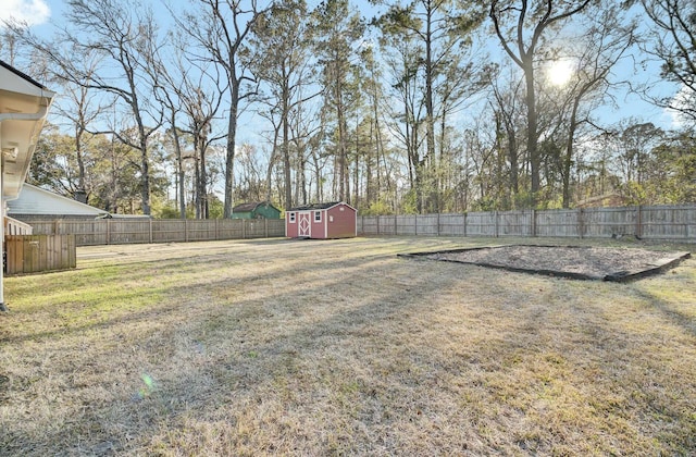 view of yard with a shed, an outdoor structure, and a fenced backyard