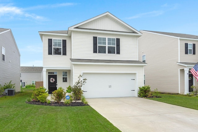 view of front of property featuring cooling unit, a garage, and a front lawn