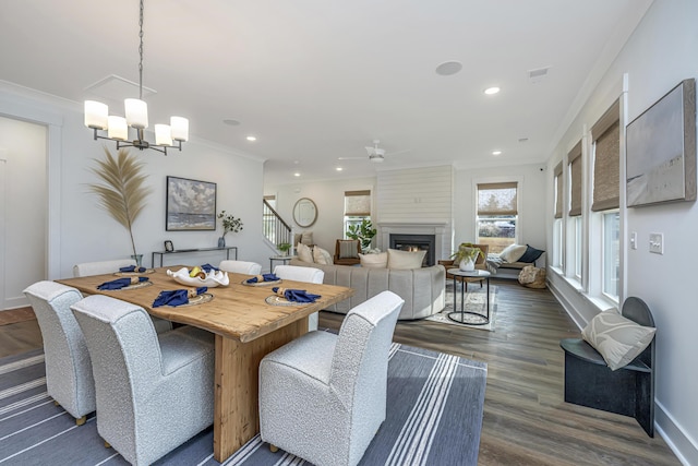 dining space featuring a fireplace, dark hardwood / wood-style flooring, ceiling fan with notable chandelier, and ornamental molding