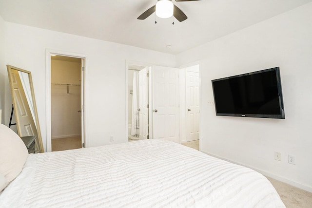 bedroom featuring a spacious closet, light carpet, ceiling fan, and a closet