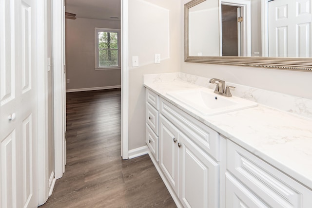 bathroom with hardwood / wood-style floors and vanity