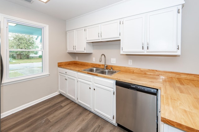 kitchen with white cabinetry, sink, dark hardwood / wood-style floors, stainless steel dishwasher, and wood counters