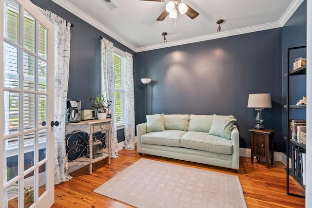 216 Foxbank Plantation Blvd, Moncks Corner, SC 29461 - living room with wood finished floors, ceiling fan, ornamental molding, and baseboards