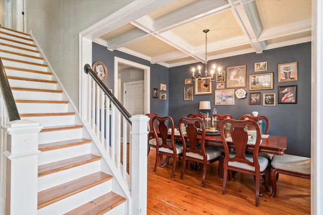 216 Foxbank Plantation Blvd, Moncks Corner, SC 29461 - dining room with coffered ceiling, stairs, wood finished floors, beam ceiling, and a chandelier