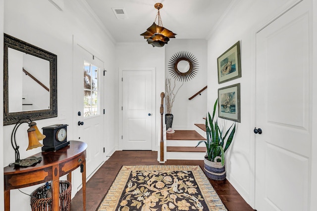 entrance foyer featuring dark hardwood / wood-style flooring, ornamental molding, and a wood stove