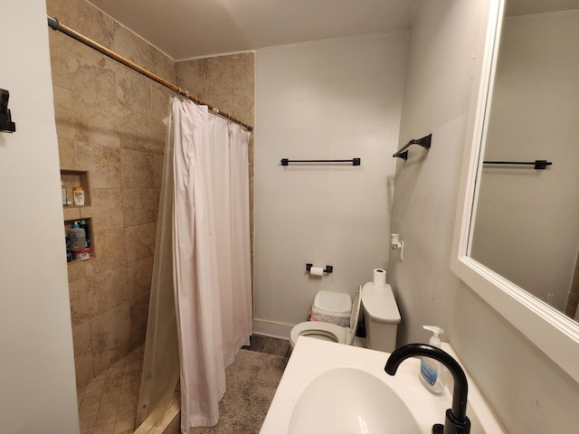 bathroom featuring sink, a shower with shower curtain, and toilet