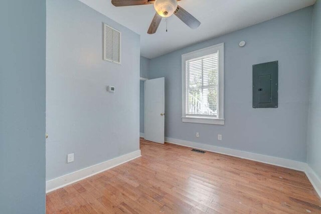 unfurnished room featuring electric panel, ceiling fan, and light hardwood / wood-style flooring