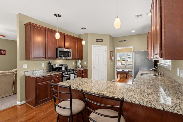 kitchen with wood finished floors, light stone countertops, a peninsula, a sink, and stainless steel appliances