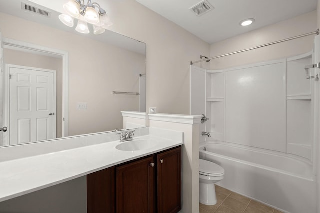 bathroom with tile patterned floors, visible vents, shower / washtub combination, and toilet